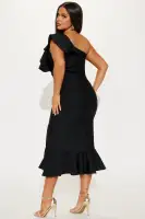 Elegant Black Bandage Midi Dress – One Shoulder Sleeveless with Ruffle Detail & Peplum Hem(Black,XS)