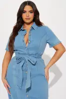 Stylish Denim Maxi Dress with Button Front & Tie Waist – Medium Wash or White – 70% Cotton, Stretchy & Comfortable(MEDIUM Wash,XS)
