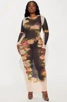 Elegant Mesh Maxi Dress with High Neck & Long Sleeves – Tan/Multi Stretch Polyester Blend(Tan/Multi,XS)