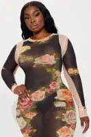 Elegant Mesh Maxi Dress with High Neck & Long Sleeves – Tan/Multi Stretch Polyester Blend(Tan/Multi,XS)