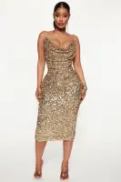 Gold Sequin Midi Dress with Adjustable Straps & Cowl Neck – Stretchy & Lined