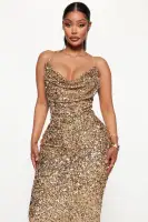 Gold Sequin Midi Dress with Adjustable Straps & Cowl Neck – Stretchy & Lined(Gold,XS)