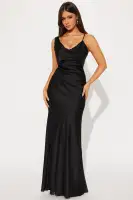 Elegant Black Satin Gown - Sleeveless Cowl Neck with Adjustable Spaghetti Straps