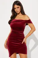 Sexy Burgundy Mini Velvet Dress - Off Shoulder Stretch Fit (92% Polyester 8% Spandex)(Burgundy,XS)