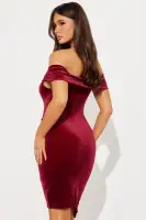 Sexy Burgundy Mini Velvet Dress - Off Shoulder Stretch Fit (92% Polyester 8% Spandex)(Burgundy,XS)