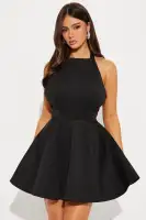 Elegant Black Bow Pleated Mini Dress - High Square Neckline & Backless Halter Design(Black,XS)