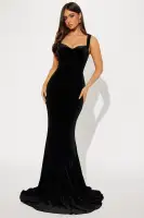 Elegant Velvet Off-Shoulder Maxi Dress with Train - Black, Red, Hunter