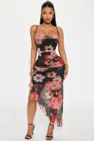 Floral Mesh Mini Dress with Adjustable Straps - Burgundy & Rust