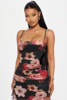 Floral Mesh Mini Dress with Adjustable Straps - Burgundy & Rust(Rust,S)