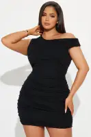 Off-Shoulder Ruched Mini Dress - Stretchy Cotton Blend in Black & Mocha(Black,XS)