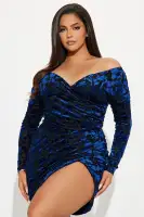 Off-Shoulder Mesh Mini Dress with Floral Print & Side Slit - Navy Blue Stretch Polyester(Navy,XS)