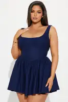 Navy Twill Mini Dress – Scoop Neck, Sleeveless & Ruched Skirt with Hidden Zipper(Navy,XS)