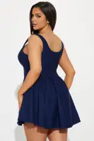 Navy Twill Mini Dress – Scoop Neck, Sleeveless & Ruched Skirt with Hidden Zipper(Navy,XS)