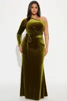 Elegant One-Shoulder Velvet Gown with Tie Waist – Available in Chartreuse & Wine(Chartreuse,XS)