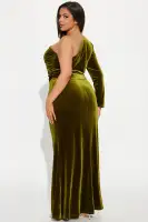 Elegant One-Shoulder Velvet Gown with Tie Waist – Available in Chartreuse & Wine(Chartreuse,XS)