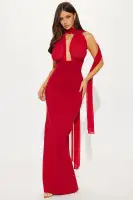 Sexy Red Halter Maxi Dress with Mesh Top & Back Slit – Backless & Stretchy(Red,XS)