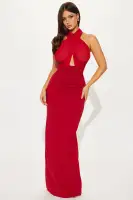 Sexy Red Halter Maxi Dress with Mesh Top & Back Slit – Backless & Stretchy(Red,XS)