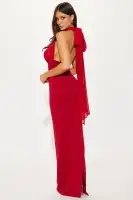 Sexy Red Halter Maxi Dress with Mesh Top & Back Slit – Backless & Stretchy(Red,XS)