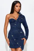 One-Shoulder Dark Wash Denim Mini Dress with Asymmetrical Hem & Pockets(Dark Wash,XS)
