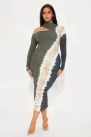 Tie-Dye Cold Shoulder Midi Dress – Mock Neck, Long Sleeves, Stretchy Cotton Blend (Green/Combo)(Green/combo,XS)