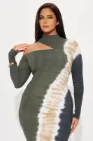 Tie-Dye Cold Shoulder Midi Dress – Mock Neck, Long Sleeves, Stretchy Cotton Blend (Green/Combo)(Green/combo,XS)
