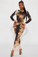 Elegant Mesh Maxi Dress with High Neck & Long Sleeves – Tan/Multi Stretch Polyester Blend
