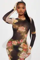 Elegant Mesh Maxi Dress with High Neck & Long Sleeves – Tan/Multi Stretch Polyester Blend(Tan/Multi,XS)