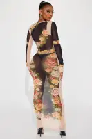 Elegant Mesh Maxi Dress with High Neck & Long Sleeves – Tan/Multi Stretch Polyester Blend(Tan/Multi,XS)