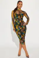 Mustard Mesh Midi Dress with Turtle Neck & Back Zipper – Stretchy Ruched Long Sleeve Dress (50 Length)