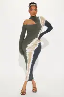 Tie-Dye Cold Shoulder Midi Dress – Mock Neck, Long Sleeves, Stretchy Cotton Blend (Green/Combo)
