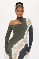 Tie-Dye Cold Shoulder Midi Dress – Mock Neck, Long Sleeves, Stretchy Cotton Blend (Green/Combo)(Green/combo,XS)