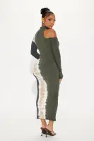 Tie-Dye Cold Shoulder Midi Dress – Mock Neck, Long Sleeves, Stretchy Cotton Blend (Green/Combo)(Green/combo,XS)