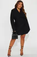 Stylish Oversized V-Neck Blazer Dress with Ruched Sides - Black, Lavender & Camel(Black,XS)