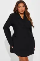 Stylish Oversized V-Neck Blazer Dress with Ruched Sides - Black, Lavender & Camel(Black,XS)