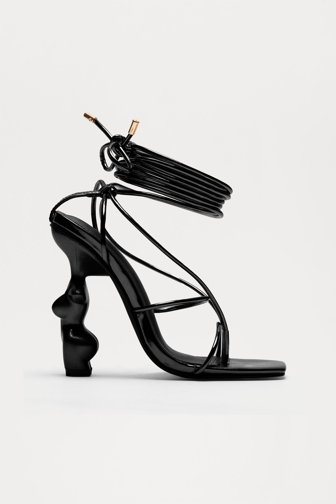 Black & Gold Wrap-Up Heeled Sandals – 4.5 Ultra High Square Toe Novelty Heels – Imported