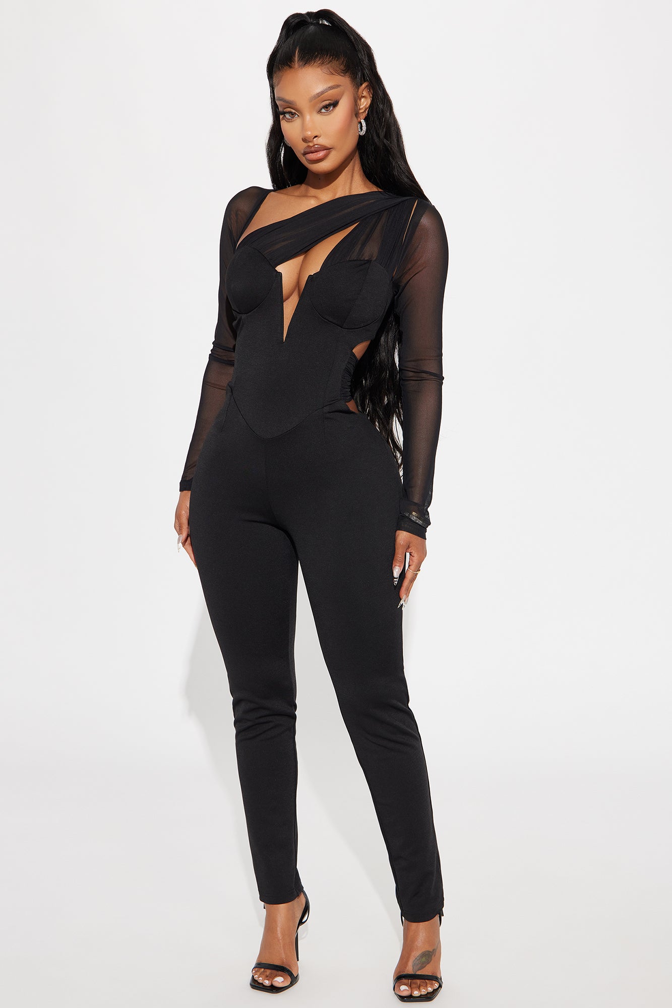 Mesh Cut-Out Jumpsuit with Hidden Back Zipper and Padded Bra Skinny Leg Stretch Design