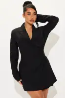 Stylish Oversized V-Neck Blazer Dress with Ruched Sides - Black, Lavender & Camel(Black,XS)