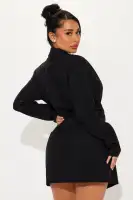 Stylish Oversized V-Neck Blazer Dress with Ruched Sides - Black, Lavender & Camel(Black,XS)