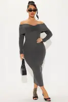 Elegant Off-Shoulder Midi Dress - Long Sleeve Ruched Stretch in Black, Red & Heather Grey