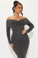 Elegant Off-Shoulder Midi Dress - Long Sleeve Ruched Stretch in Black, Red & Heather Grey(Charcoal,S)