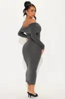 Elegant Off-Shoulder Midi Dress - Long Sleeve Ruched Stretch in Black, Red & Heather Grey(Charcoal,S)
