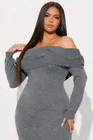 Off-Shoulder Sweater Midi Dress - Charcoal, Long Sleeves & Stretch Fit(Charcoal,XS)