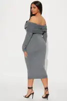 Off-Shoulder Sweater Midi Dress - Charcoal, Long Sleeves & Stretch Fit(Charcoal,XS)