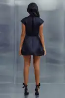 Elegant Black Satin Mini Dress - Deep V-Neck, Cap Sleeves & Back Zipper(Black,XS)