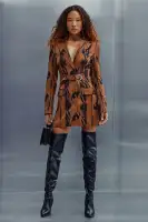 Elegant Brown Mini Blazer Dress with Belt & Long Sleeves – Stylish Button-Up Collar Design(Brown/combo,XS)