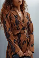Elegant Brown Mini Blazer Dress with Belt & Long Sleeves – Stylish Button-Up Collar Design(Brown/combo,XS)
