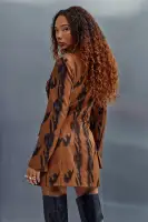 Elegant Brown Mini Blazer Dress with Belt & Long Sleeves – Stylish Button-Up Collar Design(Brown/combo,XS)