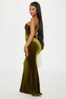 Elegant One-Shoulder Velvet Gown with Tie Waist – Available in Chartreuse & Wine(Chartreuse,XS)