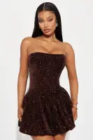 Chocolate & Red Velvet Sequin Mini Bubble Dress – Strapless Corset Waist with Lace-Up Back(Chocolate,XS)