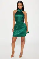Elegant Satin Mini Dress – Turtleneck, Sleeveless & Open Back with Zipper – Cognac & Hunter Green – 100% Polyester